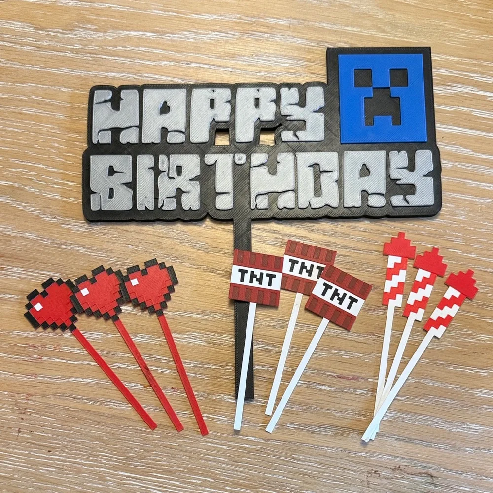 Minecraft Birthday Cake Topper Set with Red and Blue Accents